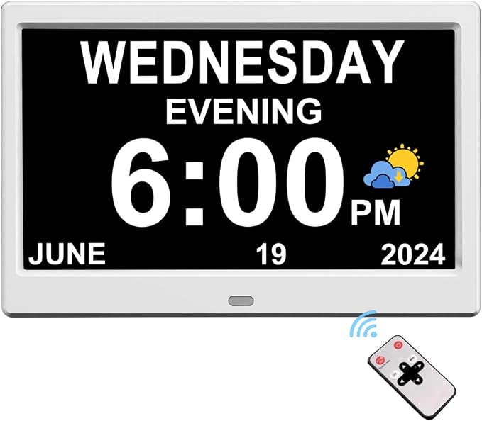 CAZOKASI Extra Large Impaired Vision Digital Alarm Clock with Day and Time for Elderly DST Calendar Clock No Battery Plug-in Power Outage Memory Auto Dimmable Clock (10.1 Inch White)