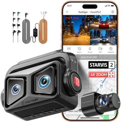 REDTIGER ZoomPix1 & Acc, Dash Cam Front and Rear, Telephoto+Wide Front Lenses for 100ft Plate Recognition, 4X Zoom, Dual STARVIS 2, 2K+1080P Recording, HDR Night Vision, 5.8GHz WiFi, Voice Control