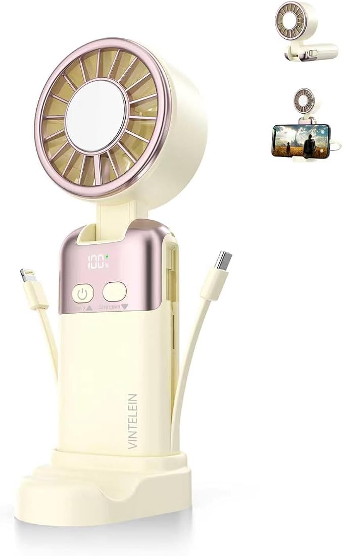 Portable Handheld Personal Fan with USB-C & iOS Cables 5V/2.4A Fast Charging for Cellphone/Tablet, 20H Cooling Time, Foldable Design with Phone Stand for Camping Travel Outdoor (1, Beige)