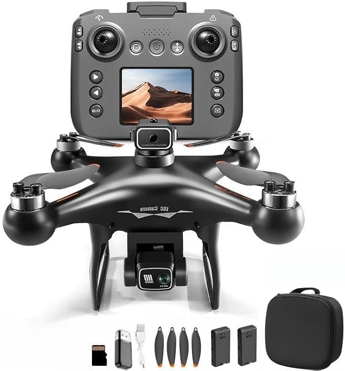 Hobby RC Drone with Screen-equipped Remote Controller, Dual Cameras & Optical Flow Positioning. Built with 6-Channel Gyro and Brushless Motor. Features Headless Mode, Hovering, One-Key Takeoff and Altitude Hold. Comes with 2 Batteries. Easy-to-operate ...