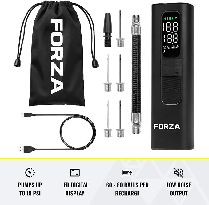 FORZA Digital Ball Pump │Rechargeable Electric Air Pump with LED Torch | Portable Sports Ball Inflator with Needles, Flex Hose, USB Charging Cable and Carry Case