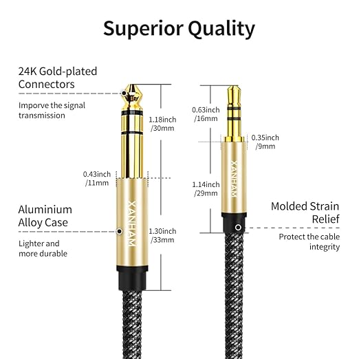 3.5mm to 1/4 Stereo Audio Cable 16 Feet /5M, 1/8" to 6.35mm 1/4" TRS Male Aux Cord Double Shielded with Braiding for Guitar, Amplifiers, PC, Home Theater, Speaker, etc.