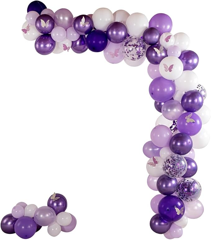 Restaurantware-Balloonify Balloon Garland Set, 1 Party Decoration Kit - 110 Balloons, With Chain, Confetti Purple & White Latex Balloon Arch Kit, Includes Glue Dots, Ribbon & Knot