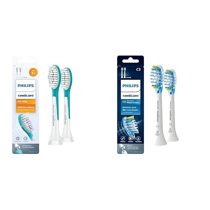 Philips Sonicare for Kids 7+ Genuine Replacement Toothbrush Heads, 2 Brush Heads & Genuine C3 Premium Plaque Control Replacement Toothbrush Heads, 2 Brush Heads