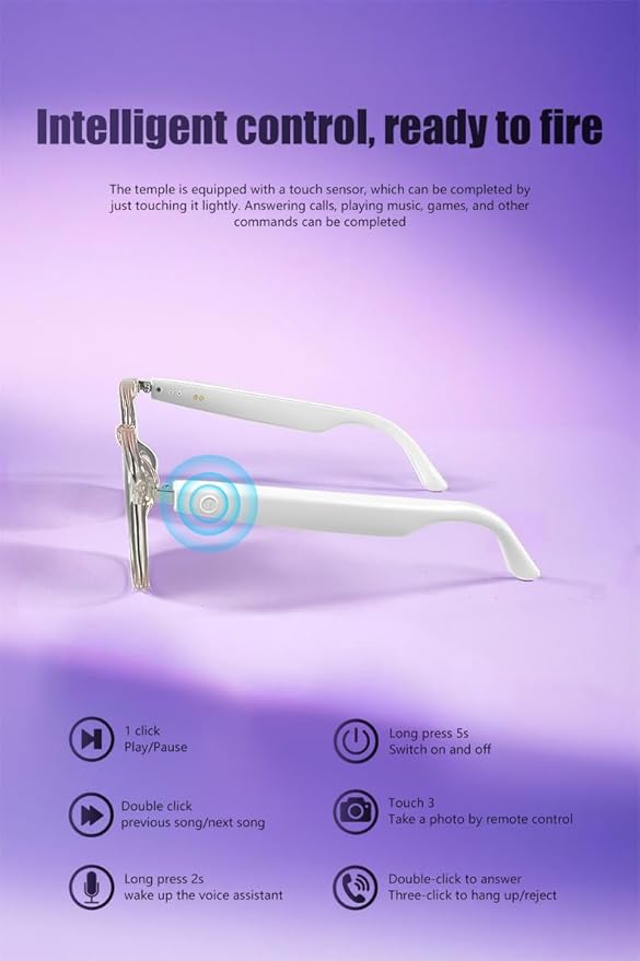 AI Translation Glasses Real-Time Voice Translator Smart Glasses 160+ Languages, Bluetooth 5.4 Wireless Earbuds, 9Hr Battery, Lightweight 29g for Travel Business Meeting (White)