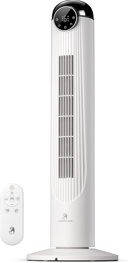 Antarctic Star T36 Tower Fan-36 Inch, Bladeless Oscillating Fan with Remote, 6 Speeds & 4 Modes, LED Display, 9H Timer, Quiet Floor Standing Fan for Bedroom Living Room Office, White
