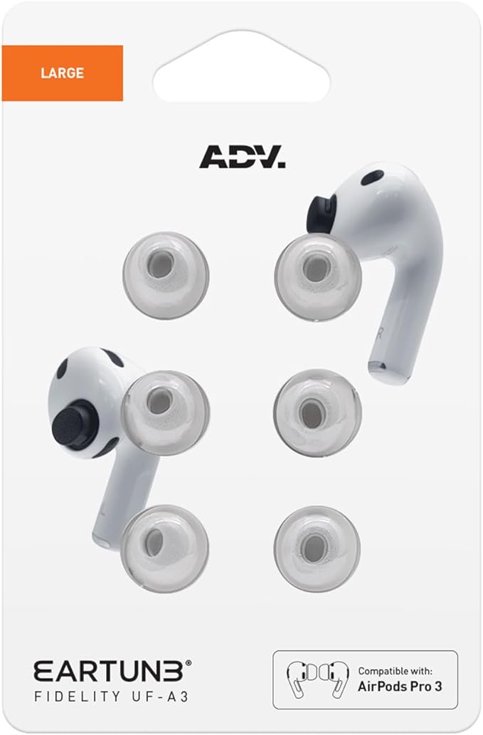ADV. Eartune Fidelity UF-A3 | Replacement Memory-Foam Tips for AirPods Pro 3 | Secure Fit, All-Day Comfort, Superior Noise Isolation, Rich Bass, Built-in Wax Guard | Grey [Large] [3-Pairs]