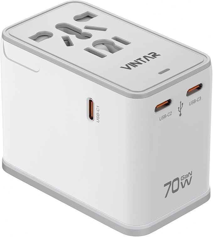 VINTAR 70W GaN Universal Travel Adapter, 5 in 1 with 3 USB-C PD& 1 USB-A QC | International Power Adapter with 70W GaN Fast Charging, All-in-one for EU UK USA AUS, Worldwide Travel Essentials, White