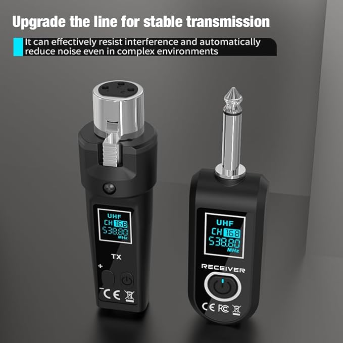 Upgrade 2.4GHZ Wireless XLR Transmitter and Receiver, Built-in Rechargeable Lithium Battery for Dynamic Microphone,Audio Mixer,Electric Guitar Bass (C 1 Receiver + 1 emitter)