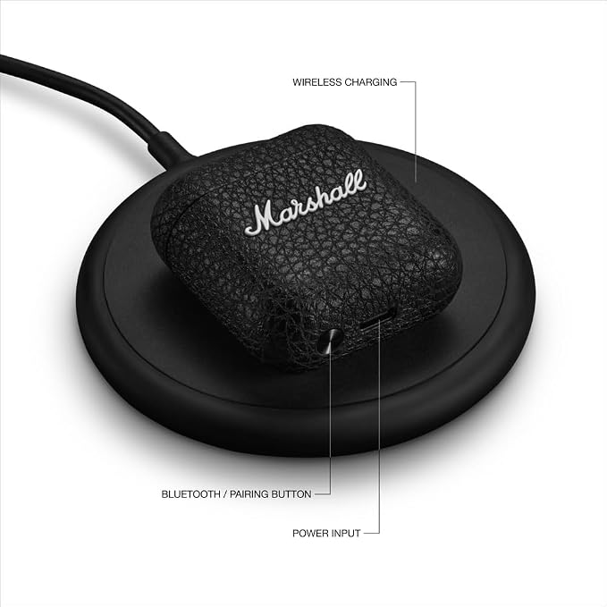 Marshall Minor IV True Wireless Bluetooth Earbuds - 30+ Hr Playtime with Charging Case | Microphone for Calls | IPX4 Water-Resistant Design - Black