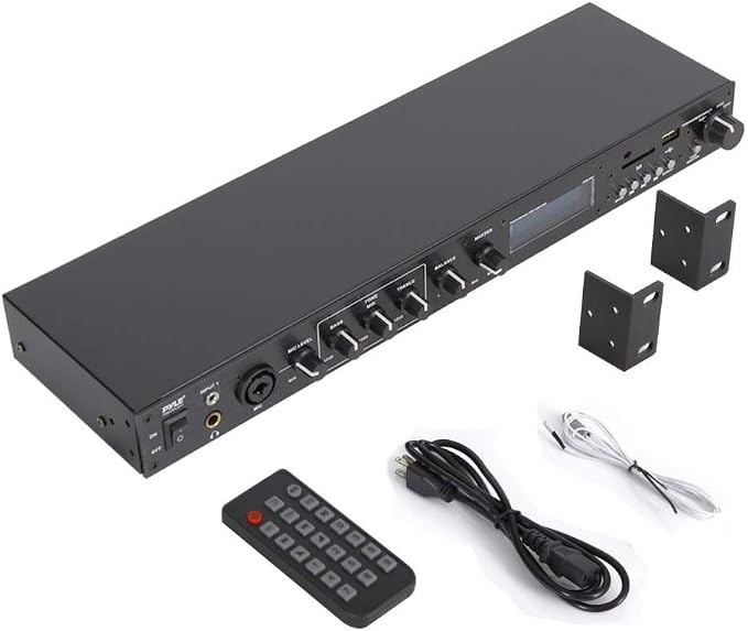 Pyle Rack Mount Studio Pre-Amplifier - Audio Receiver System w/ Digital LCD Display Bluetooth FM Radio Recording Mode Remote Control USB Flash or SD Card Reader Input and Output Jack - PPRE70BT