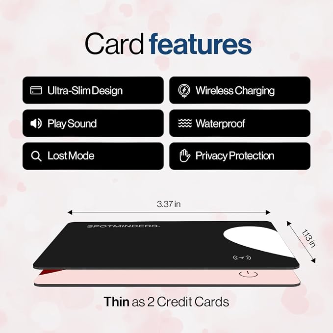 SPOTMINDERS Apple MFi Certified Wallet Tracker 2-Pack Black & Pink (iOS Only) Travel Pack for Couples 0.07in Works with Apple Find My Rechargeable Tracking Card Slim Item Finder for Luggage, Passport
