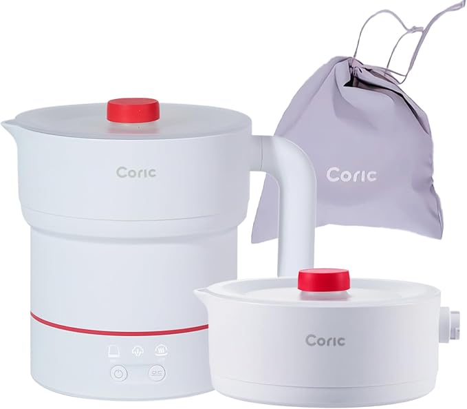 Foldable Travel Electric Kettle 1.8L 100-240V Auto Detect Dual Voltage 316L Stainless Steel Base Collapsible Portable Water Boiler Multi Cooker for Hotel Office Camping RV Dorm Steam Tray
