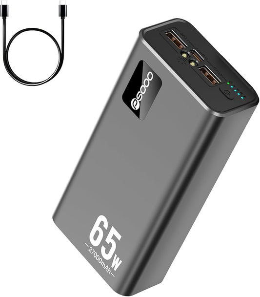 PSOOO Portable Charger 27000mAh 65W PD Fast Charging Power Bank, 3-Port External Battery Pack with LED Flashlight, Compatible with iPhone, Samsung, MacBook, Tablet, Travel & Outdoor Use (Black)