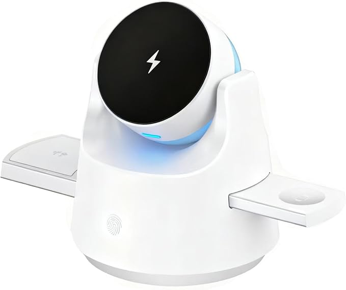 3-in-1 Wireless Charger for iPhone, Apple Watch & AirPods ，Smart Wireless Charging Station with RGB Night Light，Motorized Expandable Dock with 110° Rotation, 15W MagSafe, CE/FCC Certified (White)