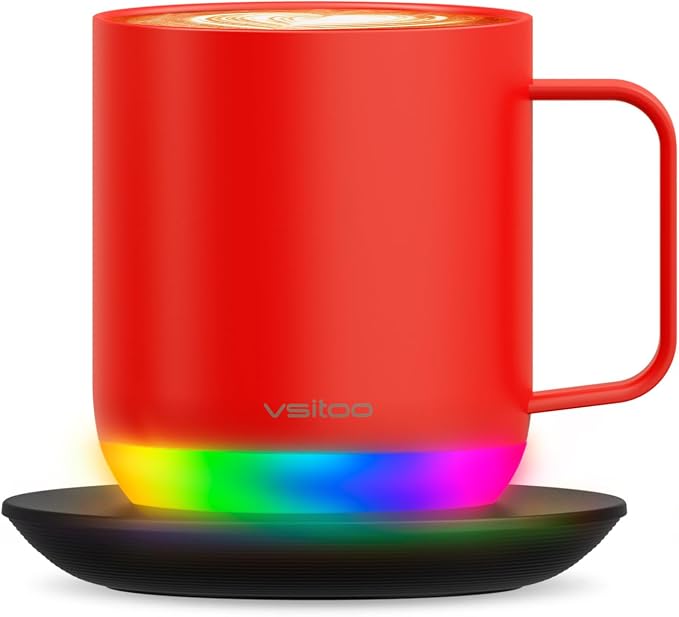 Vsitoo S6 Plus 12oz Smart Self Heating Coffee Mug, AI Auto-Sensing Heated Espresso Mug Temp Control 120-150℉, Rechargeable Mug Warmer with Music LED, IPX7 Gift for Women Men-Red