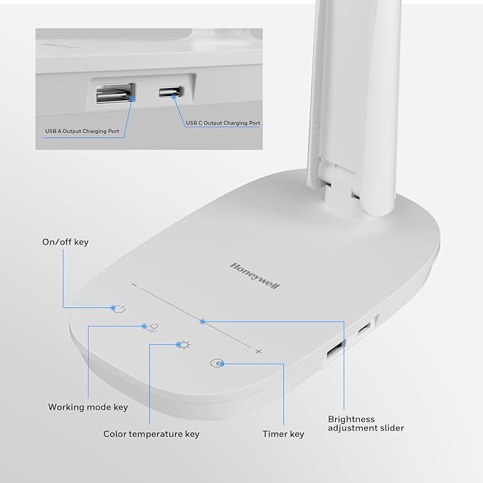 Honeywell HWT-H2 LED Desk Lamp for Home Office, CRI94 Full Spectrum Eye-Caring Light, Dimmable Table Lamp with USB-A & USB-C Charging Ports, Foldable Touch Control Reading Lamp, White