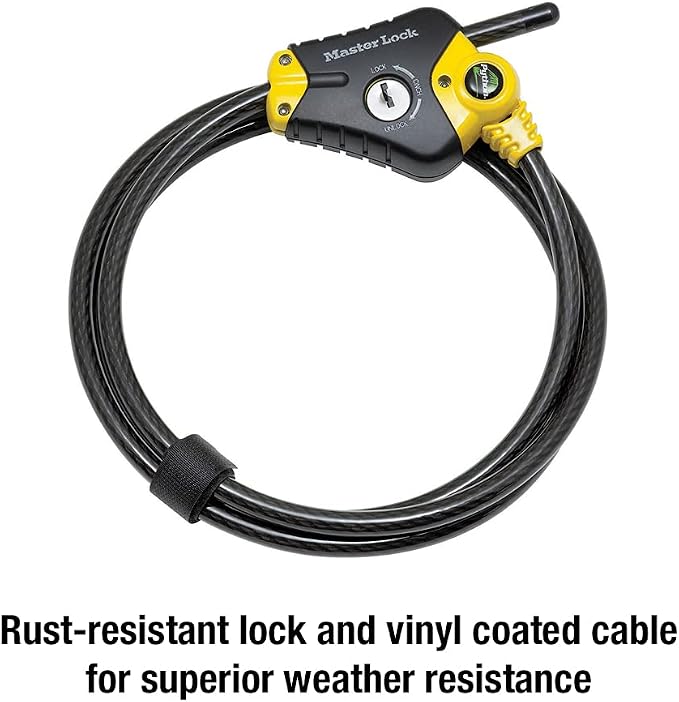 Master Lock Black and Yellow Python Cable Lock-Key, OutdoorLock for Bikes, Trail Cameras, and Other Equipment, 6 Foot Long x 3/8-Inch Diameter, 8413DPF (Pack of 6)