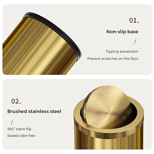 15L/4GAL Gold Bathroom Trash Can, Small Waste Basket with Flipping Lid, Golden Garbage Can for Bathroom,Living Room,Hotel,Office(Singer Gold)