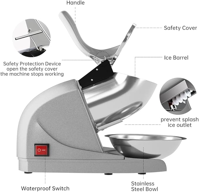 OKF Ice Shaver Prevent Splash Snow Cone Machine, Electric 3 Blades Shaved Ice Machine, 380W Ice Shaver Machine, 286lbs/hr Ice Crushers for Home Use, Ice Crusher with Free Ice Pick (Silver)