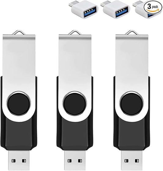 3 Pack 32GB USB Flash Drive with Type C Adapter and Storage Box USB 2.0 High Speed Metal Pen Drive 360° Rotatable Storage Memory Stick for Phone/Pad/PC/Laptop/Android - Black(3-Pack 32GB)