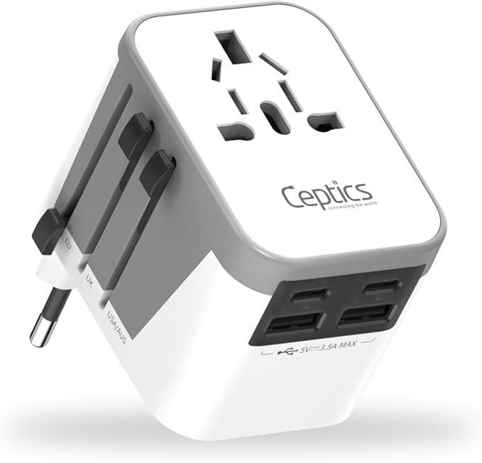 Ceptics Universal Travel Adapter for EU, UK, China, UAE, AU – International Power Adapter with Dual USB-C & USB-A – Ideal for Phone, Tablet & Smartwatch Chargers - Type A, C, G, I Plug Outputs