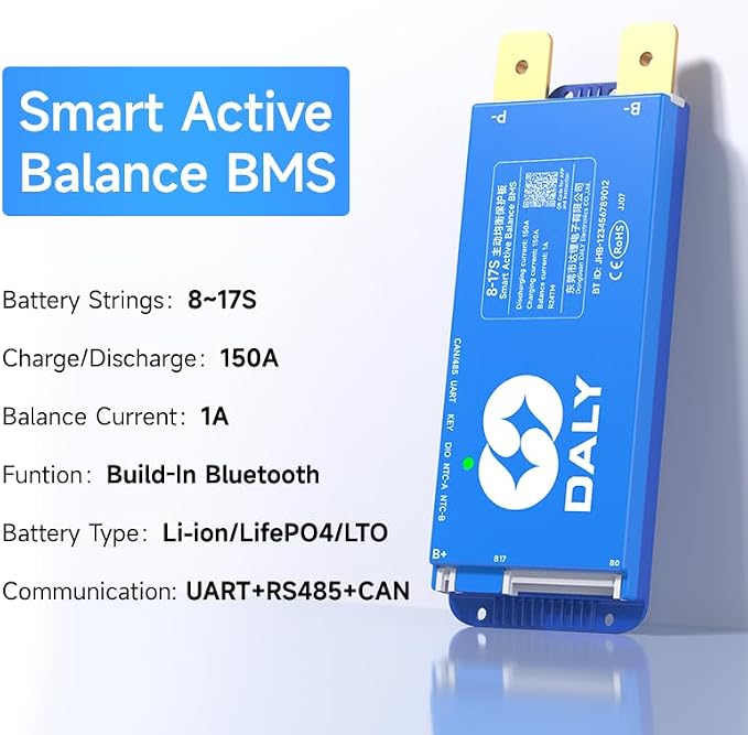 DALY Smart Active Balance BMS 150A 24V-60V 8S-17S Built-in Bluetooth with RS485 CAN PCB Battery Protection Board for Li-ion LifePO4 LTO Battery Pack
