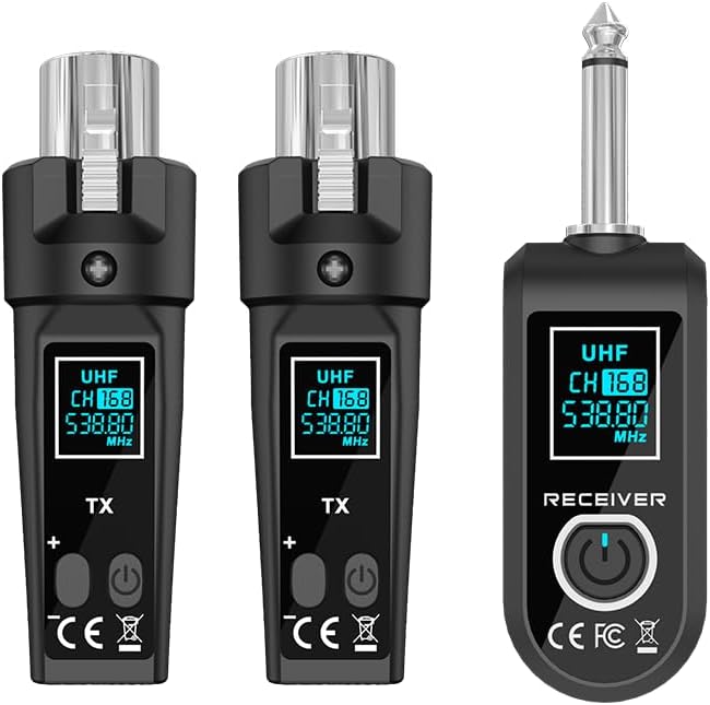 Upgrade 2.4GHZ Wireless XLR Transmitter and Receiver, Built-in Rechargeable Lithium Battery for Dynamic Microphone,Audio Mixer,Electric Guitar Bass (D 1 Receiver + 2 emitter)