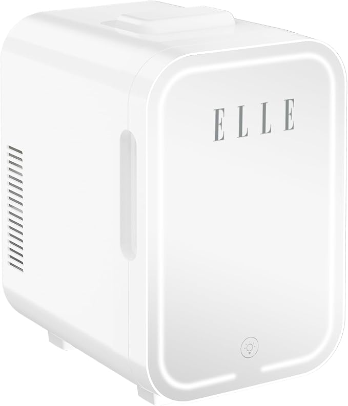 ELLE 8L Mini Cooler Fridge with LED Makeup Mirror for Skincare & Cosmetic Storage Cooler & Warmer Removable Shelf Carrying Handle AC DC Power Options Small Refrigerator for Bedroom Car Office White
