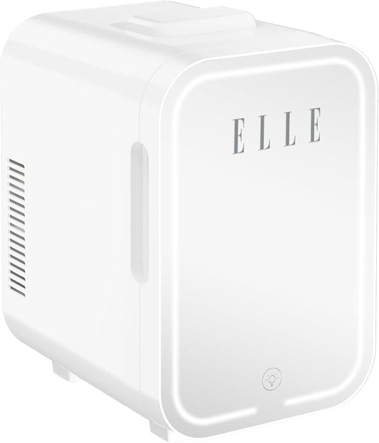 ELLE 8L Mini Cooler Fridge with LED Makeup Mirror for Skincare & Cosmetic Storage Cooler & Warmer Removable Shelf Carrying Handle AC DC Power Options Small Refrigerator for Bedroom Car Office White