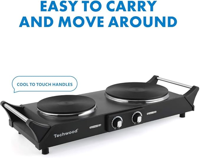 Techwood 1800W Hot Plate Portable Electric Stove Countertop Double Burner with Adjustable Temperature & Stay Cool Handles, 7.5” Cooktop for RV/Home/Camp, Compatible for All Cookwares