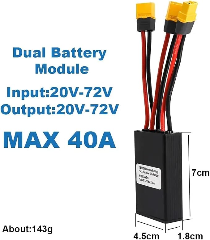 Electric Bike Dual Battery Discharge Converter 40A 24-72VDC Dual Battery Pack Switch Balancer Double Battery Parallel Module with XT60 Plug for 750w 1000w Motor