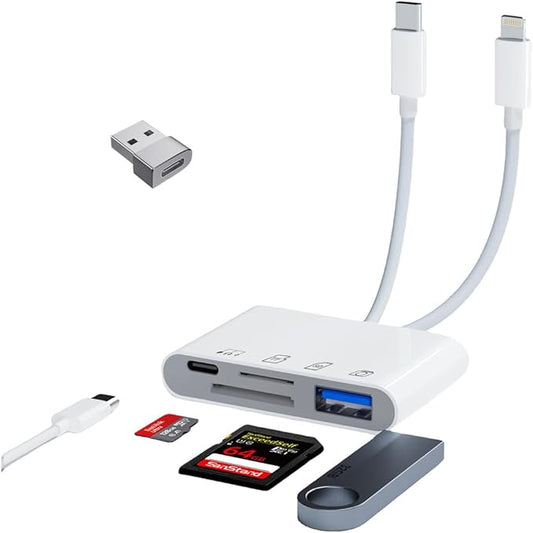 4-in-1 SD Card Reader for iPhone iPad Mac, USB-C + Lightning + USB 3.0 OTG Adapter, High-Speed Camera SD/TF Memory Card Viewer, External Storage Photo Transfer, Plug-and-Play for iOS/Android/PC