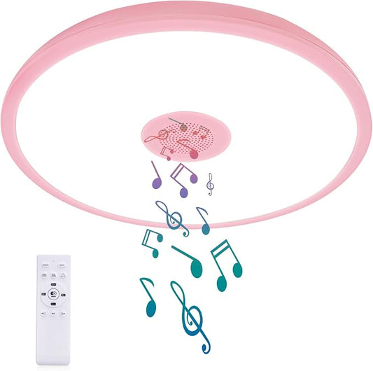 Pink Waterproof LED Ceiling Light Fixture,Music Ceiling Lamp,with Bluetooth Speaker,11Inch 18W, 2700K-6500K Dimmable RGB Color Changing Light with Remote Control,Suitable for Girls' Room