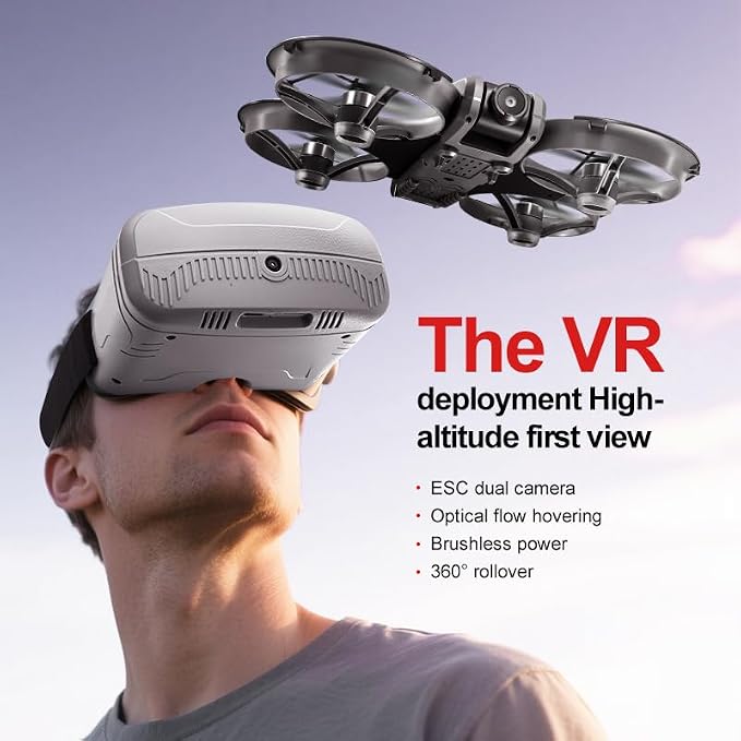 VR FPV Hobby Drone with VR Goggles, Optical Flow Positioning, Dual Batteries, One Key Takeoff/Landing, APP Control, Brushless Motor, Beginner-Friendly Quadcopter with Propeller Guards, Altitude Hold, Dual Cameras & LED Night Lights, a first-person view
