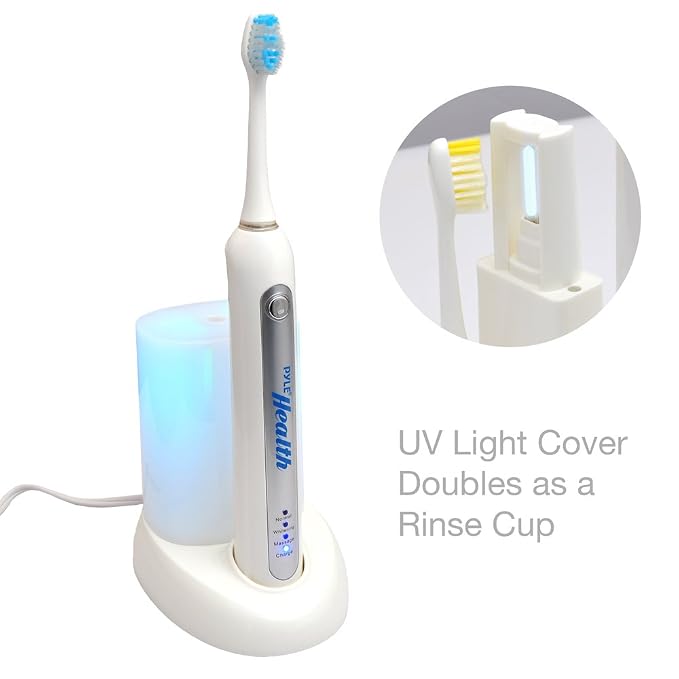 Pyle Wave Rechargeable Electric Toothbrush - w/ 3 Brush Mode, UV Light, 2 min Timer, 2 Oral Brush Heads, Charging Dock Holder - for Kids, Teens, Adults