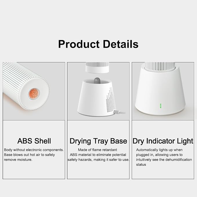 Cordless Gun Safe Mini Dehumidifier, White, 2+1 | Reusable, Rechargeable with Heating Base, Quiet, Portable Drier Stick, TOP-X