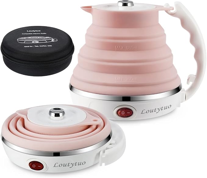 Ultrathin Upgraded Food Grade Silicone Travel Foldable Electric Kettle Boil Dry Protection Portable with Dual Voltage and Separable Power Cord,555ML 110-220V US Plug