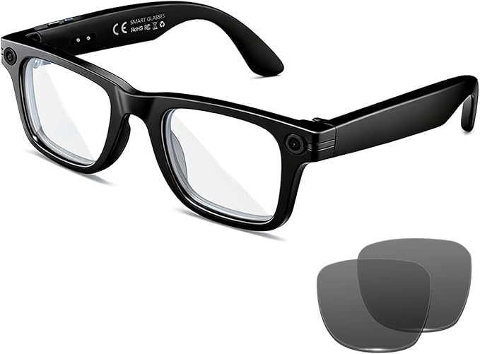 AI Smart Glasses with 8MP Camera, 1080P Video & HD Photo, Bluetooth Audio, AI Voice Assistant, Real-Time Translation, Object Recognition, Noise-Cancel Calls, Photochromic +2 Sunglasses Lenses