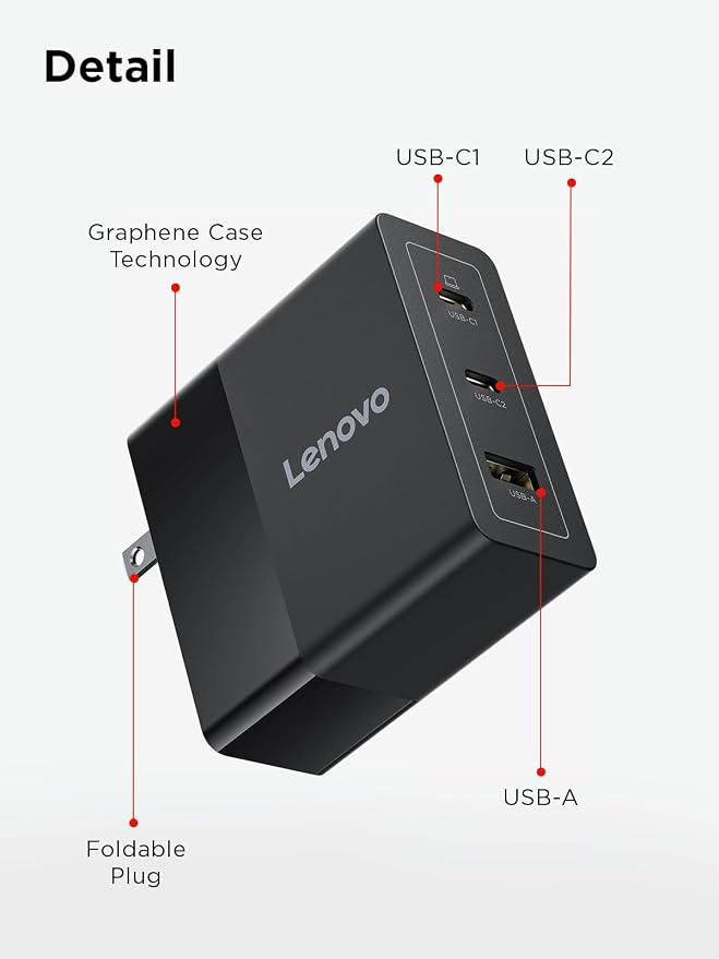 Lenovo 140W USB C Charger, GaN Power Adapter with 3-Port Fast Charging, PD 3.1 Compatible, Black, for ThinkPad, MacBook, iPhone, Samsung Galaxy, with 240W Cable