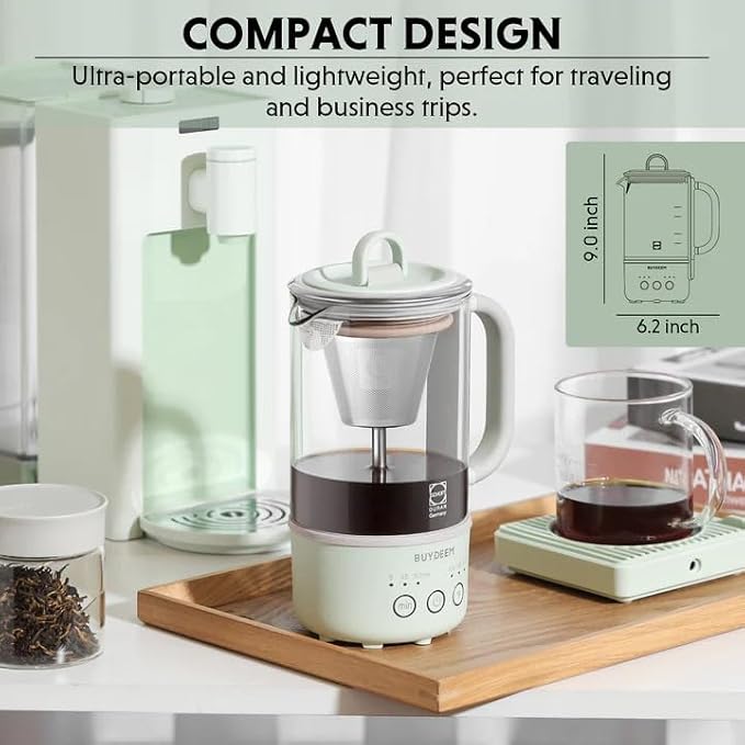 BUYDEEM K313 Travel Electric Kettle, Mini Healthy-Care Beverage Kettle, Tea Maker with Heat Resistant DURAN® Glass & Durable Pro 18/10 Pro Stainless Steel, 0.6L, Cozy Greenish