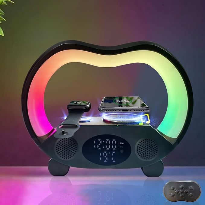 IHAO 6in1 Wireless Charging Station with Bluetooth Speaker Time&Temperature Display Alarm Clock 7-Color LED Night Lights Fast Charger for Phone, Apple Watch, Earbuds Remote Control Auto Shutoff-Black