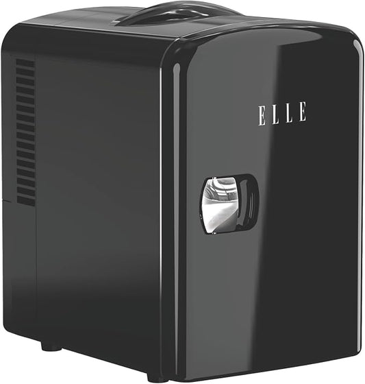 ELLE Multi Purpose 4L Mini Fridge Cooler and Warmer with Cool and Warm Function Removable Shelf Carrying Handle AC DC Power Options for Car Office Bedroom 6 Can Capacity Black