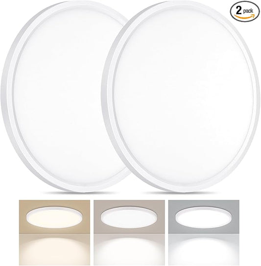 2 Pack LED Flush Mount Ceiling Light, 24W Ultra Thin Round White 3000k/4000k/6500k 3 Color Temperatures Adjusted 12 Inch Modern Ceiling Lights for Bedroom Bathroom Kitchen, Wired