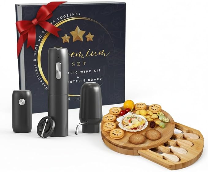 Rechargeable Electric Wine Opener Set - Includes Foil Cutter, Wine Aerator Dispenser, Electric Vacuum Stopper, Bamboo Charcuterie Board and Knives Set - Luxury Packaging for a Special Occasion