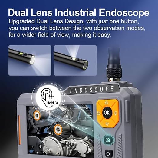 Dual Lens Endoscope Camera with Light, 5‘’ IPS Screen Borescope Inspection Camera with 32GB Card, Photo/Video Recording Snake Camera, Waterproof Semi-Rigid Cable for Automotive Plumbing Drain Wall | 5-Inch Dual Lens Endoscope Camera suitable for mechan...