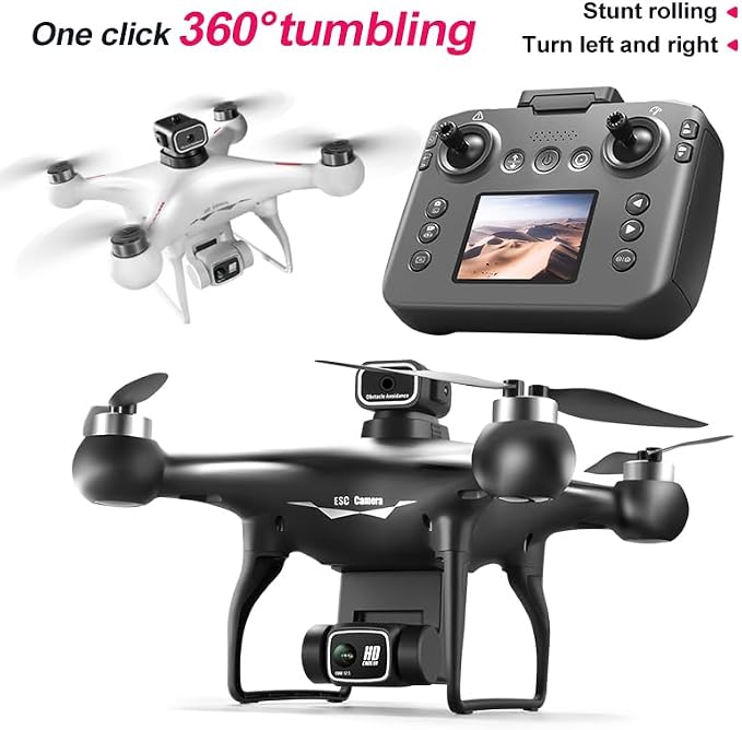 Hobby RC Drone with Screen-equipped Remote Controller, Dual Cameras & Optical Flow Positioning. Built with 6-Channel Gyro and Brushless Motor. Features Headless Mode, Hovering, One-Key Takeoff and Altitude Hold. Comes with 2 Batteries. Easy-to-operate ...