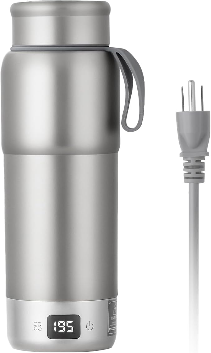 ZING TTI Pure titanium Electric Heated Travel Kettle,17.5 oz,Double-layer vacuum, Portable Electric Kettle, Adjustable Multi-Temperature Settings, 100V-240V Compatible, Grayl Water Bottle.