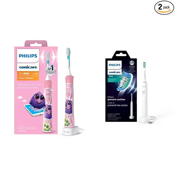 Philips Sonicare for Kids 3+ Bluetooth Connected Rechargeable Electric Power Toothbrush, Interactive, Pink, HX6351/41 & 1100 Electric Rechargeable Power Toothbrush, White Grey HX3641/02