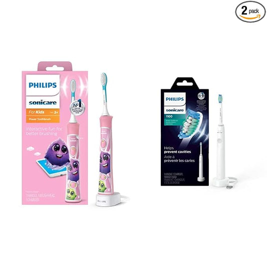 Philips Sonicare for Kids 3+ Bluetooth Connected Rechargeable Electric Power Toothbrush, Interactive, Pink, HX6351/41 & 1100 Electric Rechargeable Power Toothbrush, White Grey HX3641/02